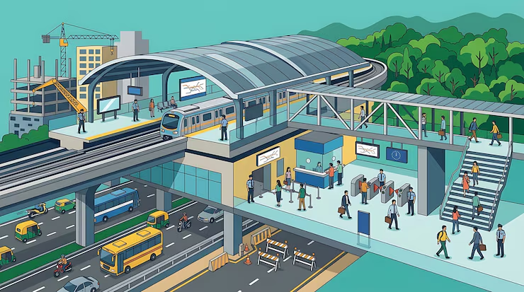 Estación elevada, viaducto y vialidad con obra en construcción